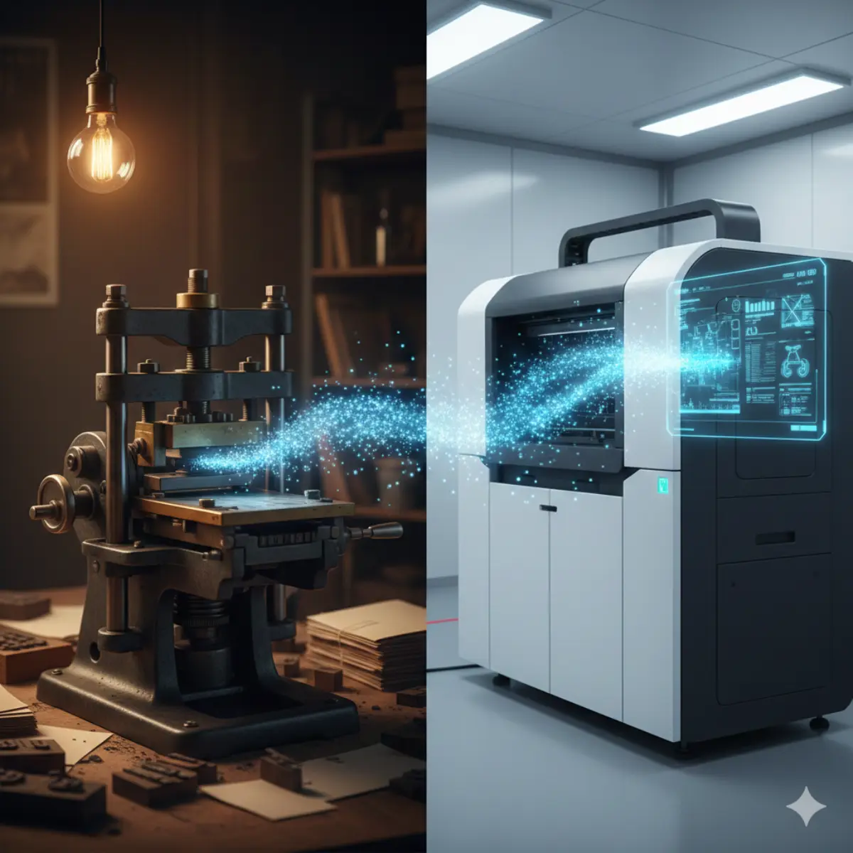Une image divisée montrant une vieille presse à imprimer d'un côté et une imprimante numérique moderne avec une interface numérique lumineuse de l'autre