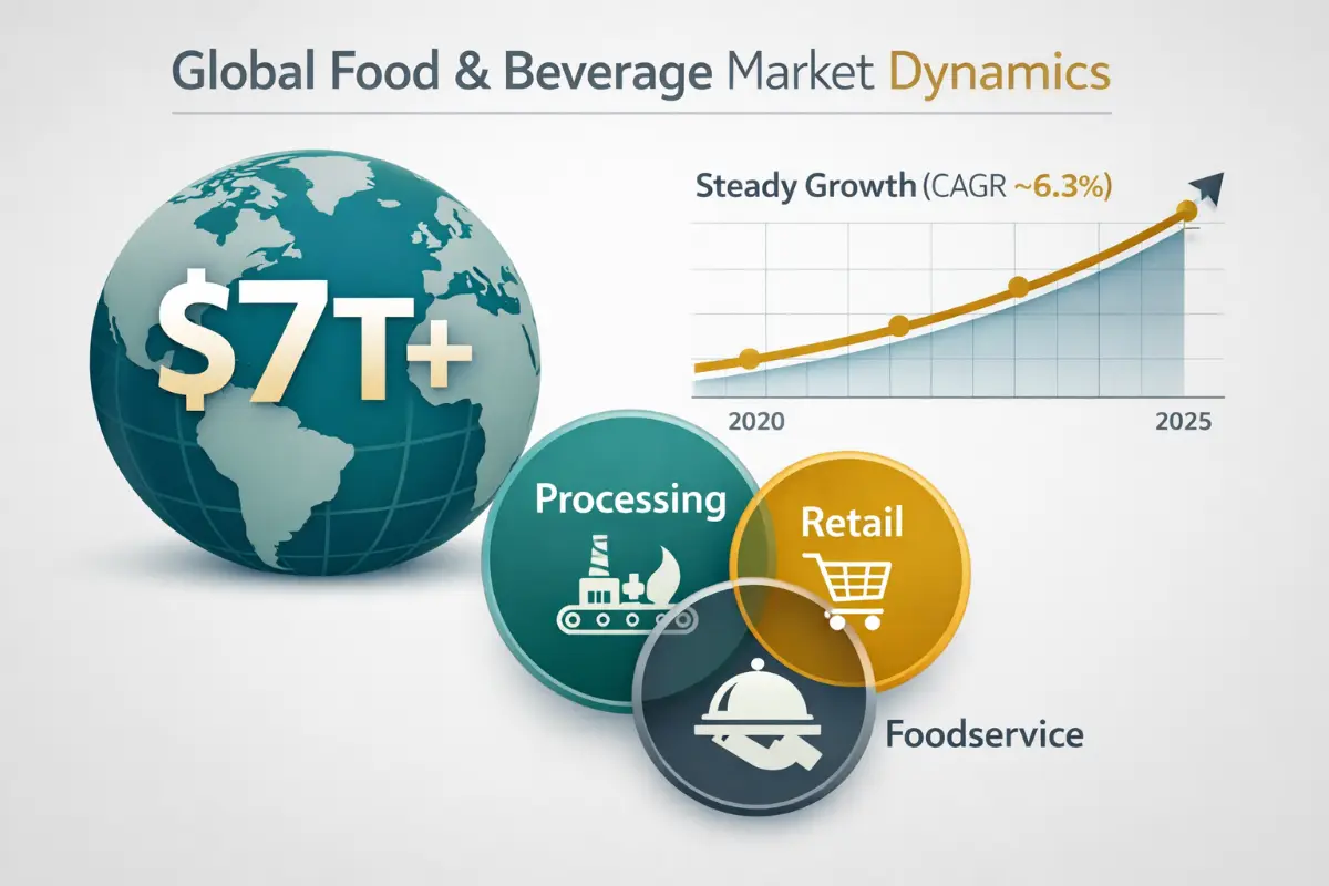 Infographie montrant la taille du marché agroalimentaire mondial, le taux de croissance et les contributions des secteurs clés