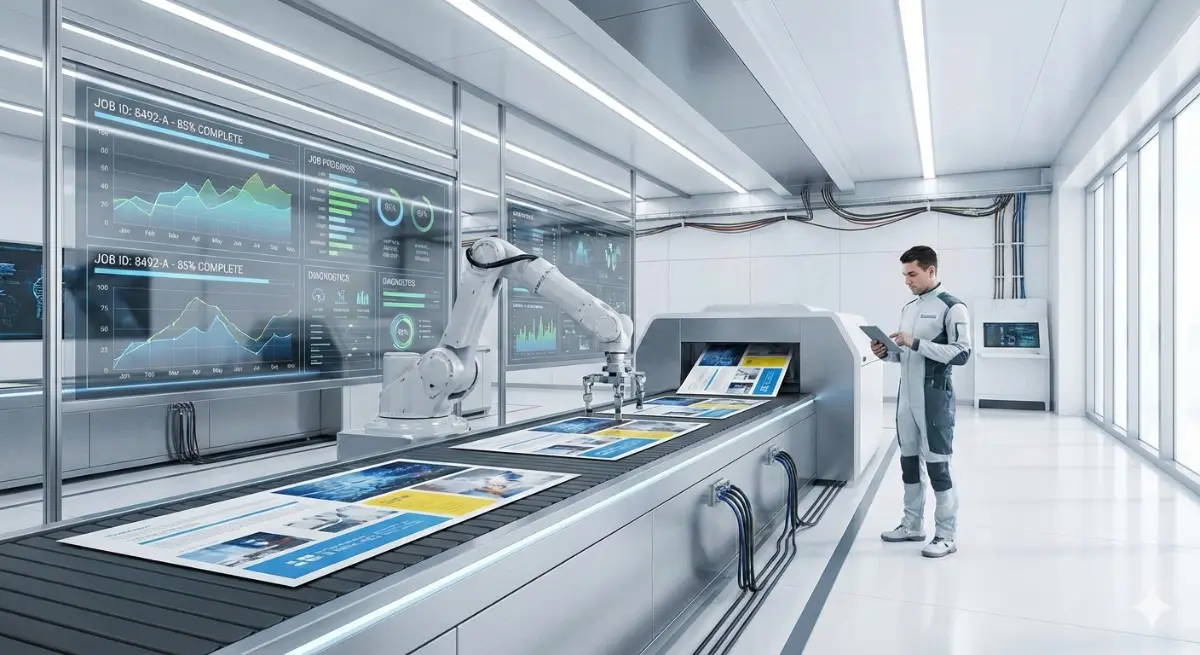 Une installation d'impression moderne et propre avec des bras robotiques, des panneaux de contrôle numériques et des visualisations de données fluides dans l'air